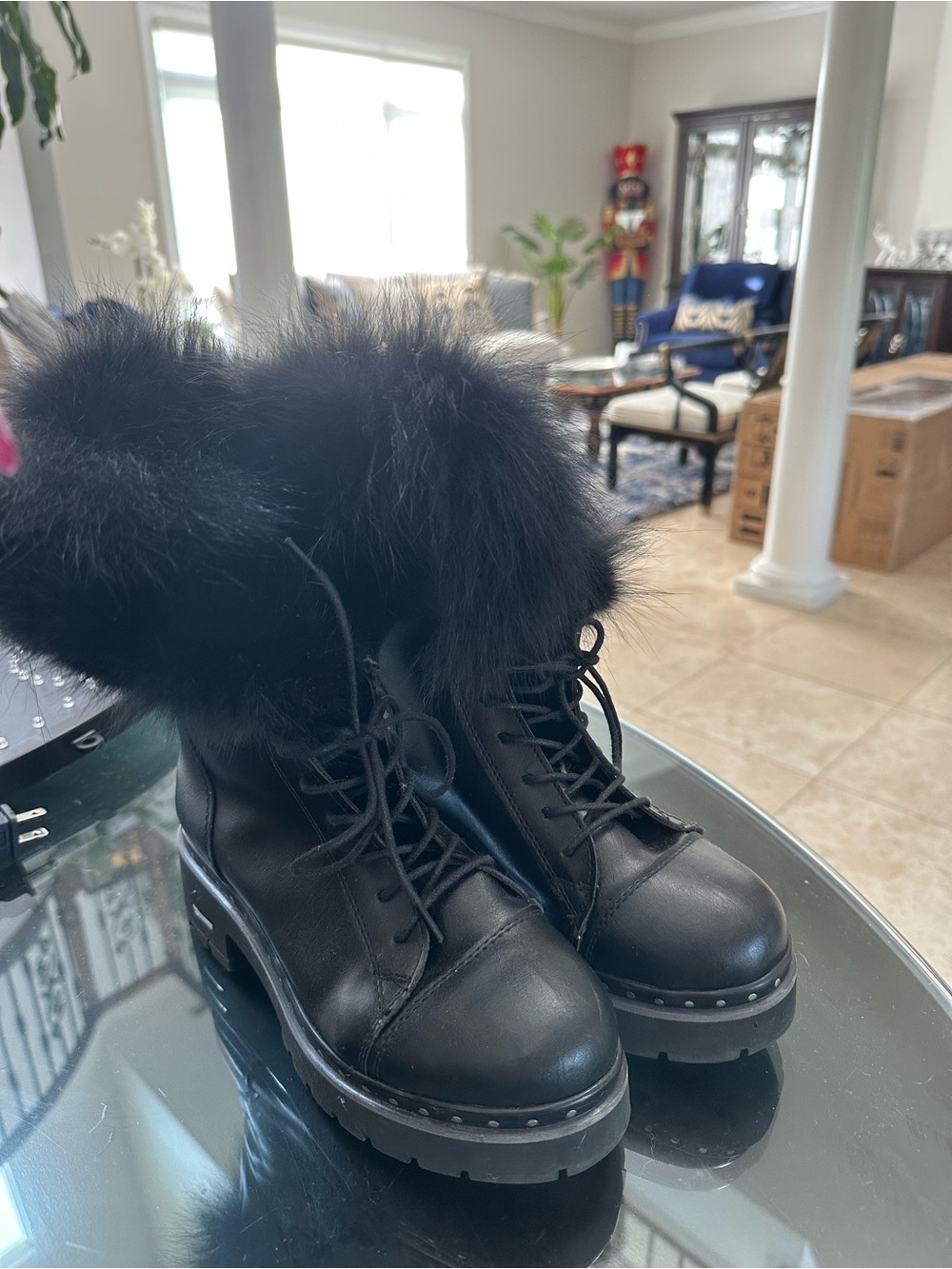 Black Faux Fur Trim Lace-Up Lug Ankle Boots